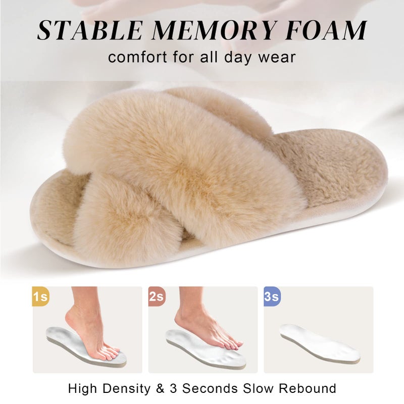 Parlovable Women's Fuzzy Slippers Comfy Cross Band House Shoes Memory Foam Open Toe Indoor Gifts for Ladies Camel 7-8 - Image 5